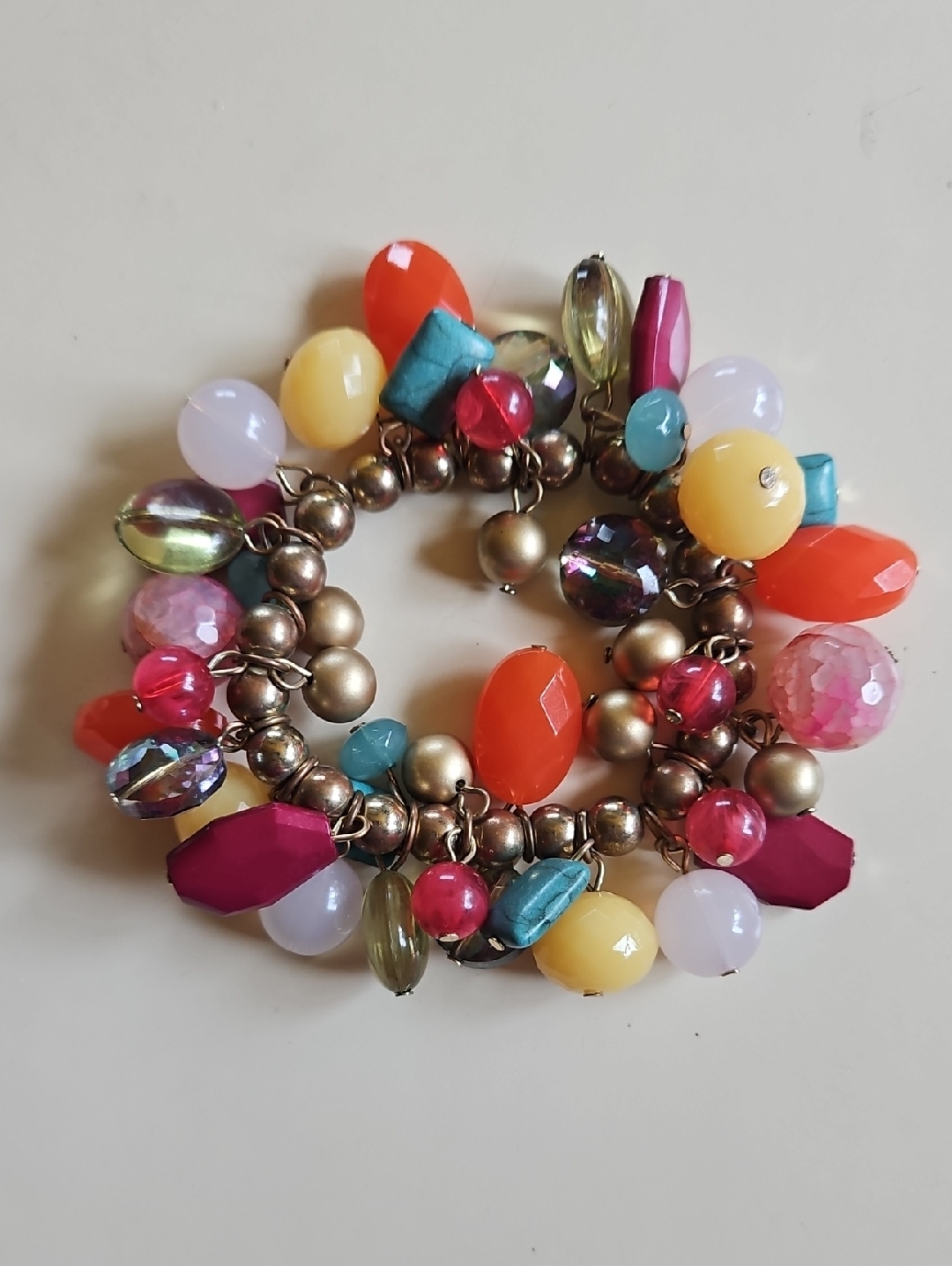 Multcolor Bead And Crystal Bracelet Stretchy Yellow Orange Teal Pink Gold Tone